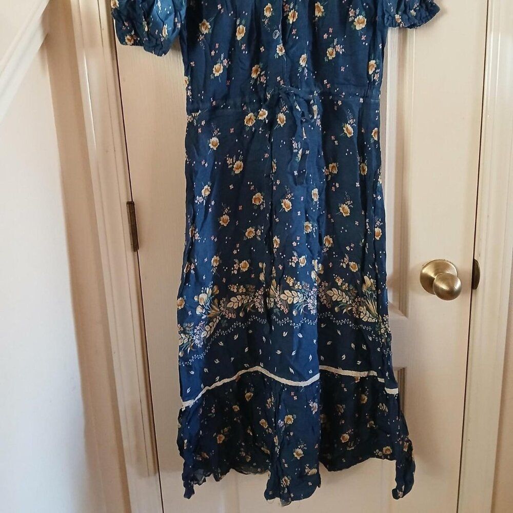 VTG Cottagecore Prairie Navy Floral A-Line Dress Button Bib Collar Lace Trim L - Picture 3 of 8